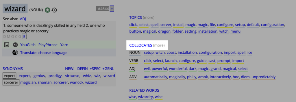 Shows the results for the word "wizard" in a language corpus.